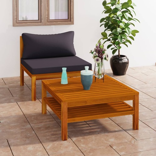 2 Piece Garden Sofa Set with Dark Grey Cushions Acacia Wood