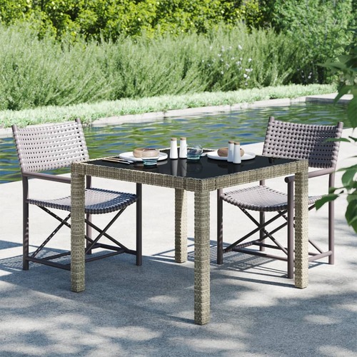 Garden Table 90x90x75 cm Tempered Glass and Poly Rattan Grey