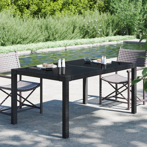 Garden Table 150x90x75 cm Tempered Glass and Poly Rattan Black