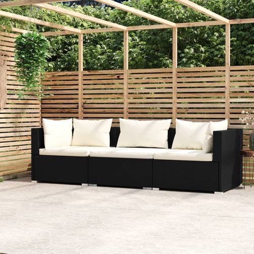 3-Seater Sofa with Cushions Black Poly Rattan
