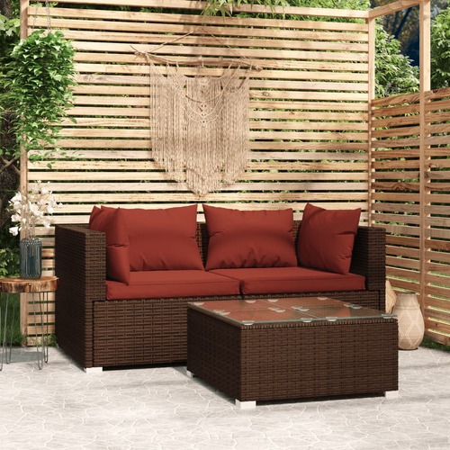 3 Piece Garden Lounge Set with Cushions Brown Poly Rattan