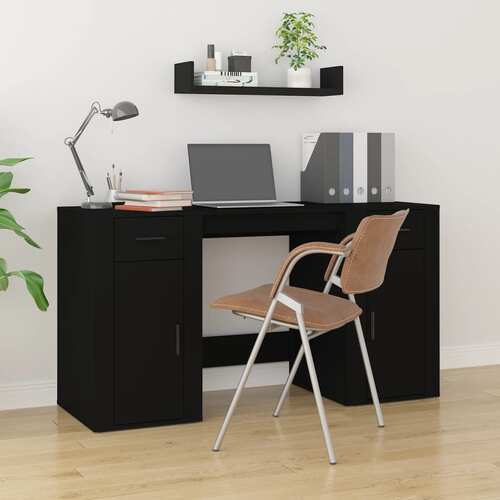 Desk with Cabinet Black Engineered Wood