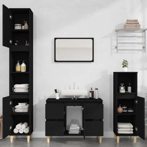 3 Piece Bathroom Furniture Set Black Engineered Wood