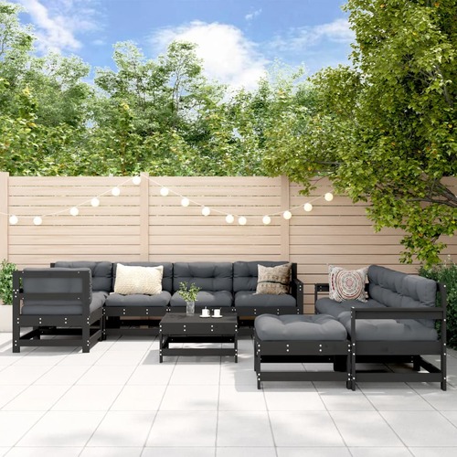 10 Piece Garden Lounge Set with Cushions Black Solid Wood