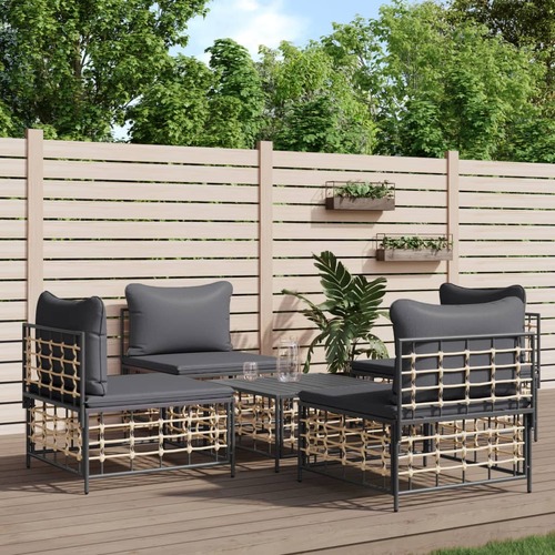 5 Piece Garden Lounge Set with Cushions Anthracite Poly Rattan