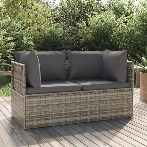 2-Seater Garden Sofa with Cushions Grey Poly Rattan