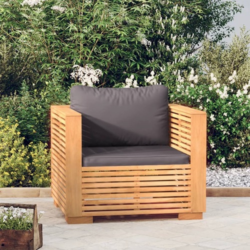 Garden Sofa Chair with Dark Grey Cushions Solid Wood Teak
