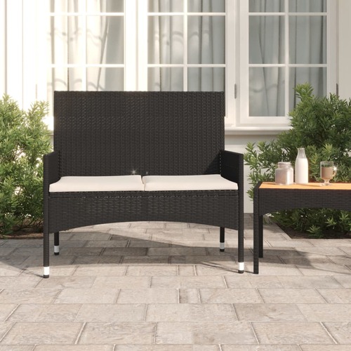 2-Seater Garden Bench with Cushions Black Poly Rattan