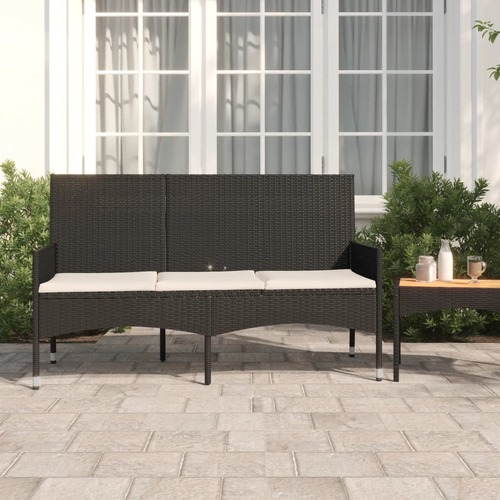 3-Seater Garden Bench with Cushions Black Poly Rattan