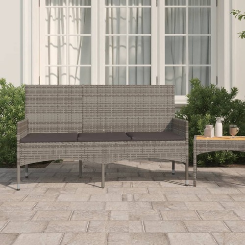 3-Seater Garden Bench with Cushions Grey Poly Rattan