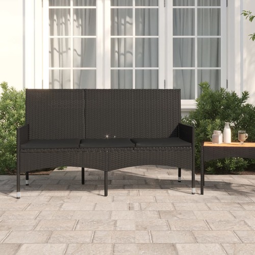 3-Seater Garden Bench with Cushions Black Poly Rattan
