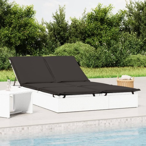 2-Person Sunbed with Cushions White Poly Rattan