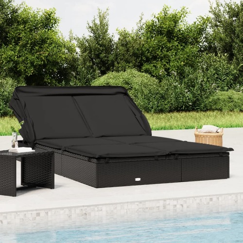 2-Person Sunbed with Foldable Roof Black 213x118x97 cm Poly Rattan
