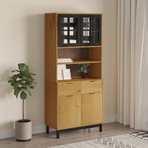 Highboard with Glass Doors FLAM 80x40x180 cm Solid Wood Pine