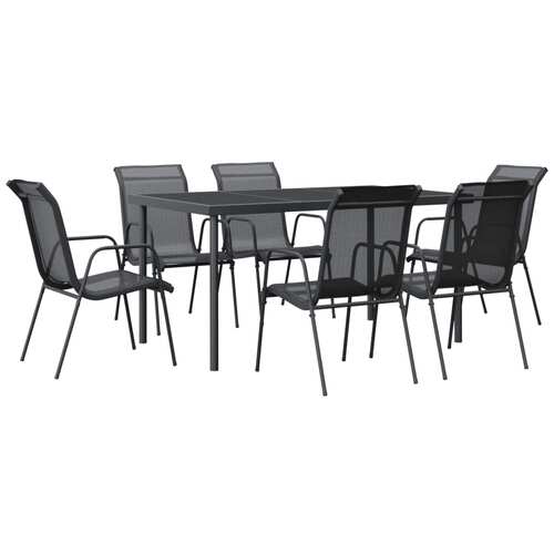 7 Piece Garden Dining Set Black Steel and Textilene
