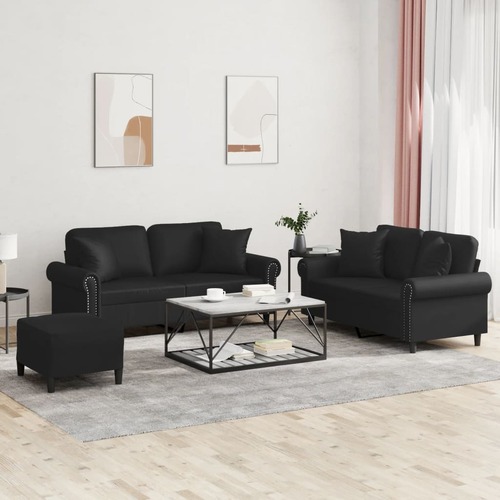 3 Piece Sofa Set with Pillows Black Faux Leather