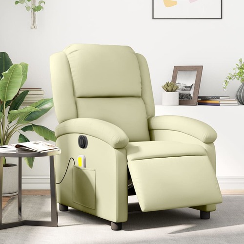 Electric Massage Recliner Chair Cream Real Leather