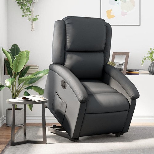 Electric Stand up Recliner Chair Black Real Leather