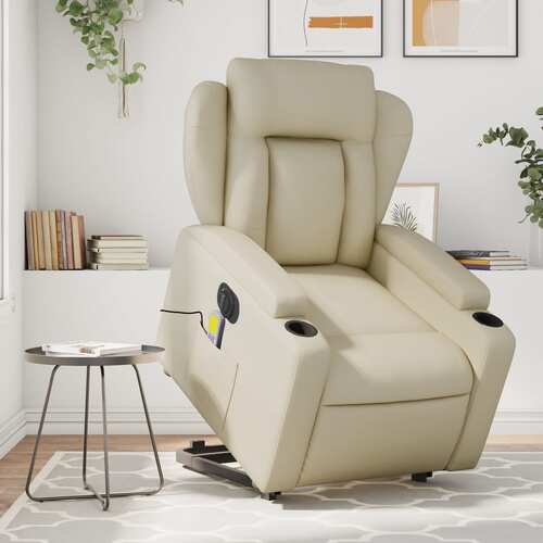 Electric Stand up Massage Recliner Chair Cream Faux Leather