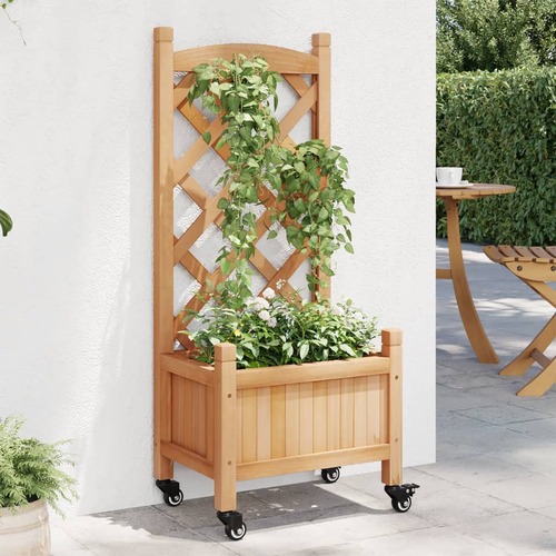 Planter with Trellis and Wheels Brown Solid Wood Fir