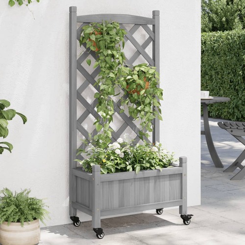 Planter with Trellis and Wheels Grey Solid Wood Fir