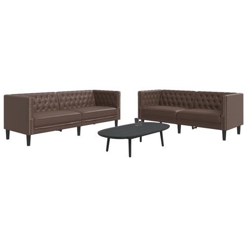 2 Piece Chesterfield Sofa Set Brown Faux Leather