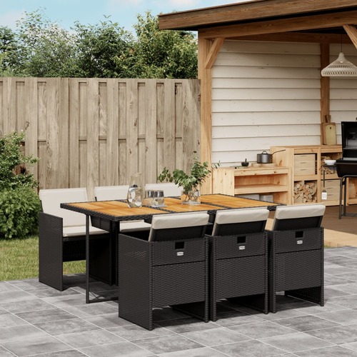 7 Piece Garden Dining Set with Cushions Black Poly Rattan