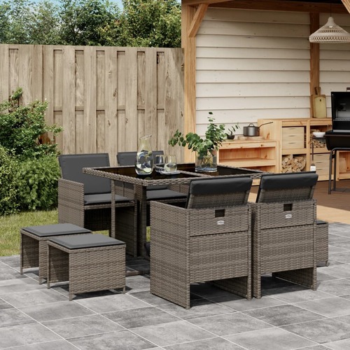 9 Piece Garden Dining Set with Cushions Grey Poly Rattan