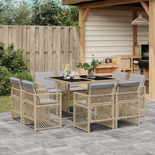 9 Piece Garden Dining Set with Cushions Mix Beige Poly Rattan
