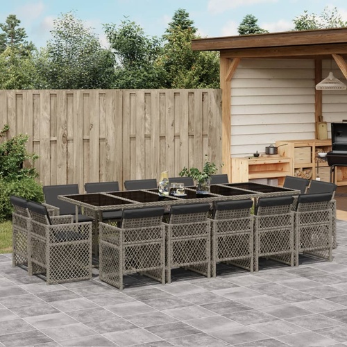 15 Piece Garden Dining Set with Cushions Grey Poly Rattan
