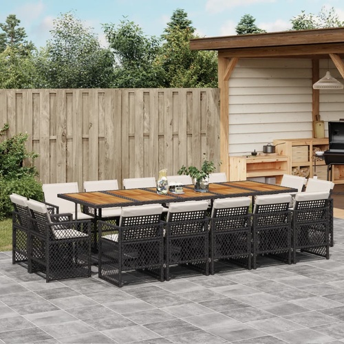 15 Piece Garden Dining Set with Cushions Black Poly Rattan