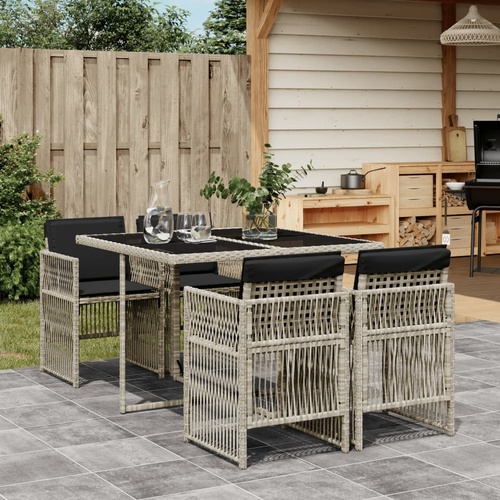 5 Piece Garden Dining Set with Cushions Light Grey Poly Rattan