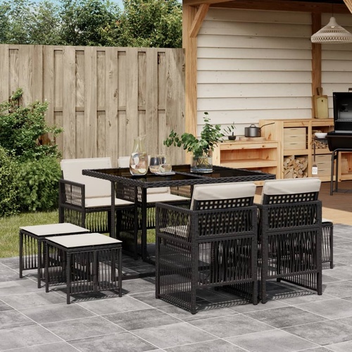 9 Piece Garden Dining Set with Cushions Black Poly Rattan