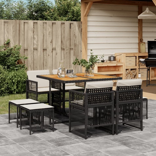 9 Piece Garden Dining Set with Cushions Black Poly Rattan
