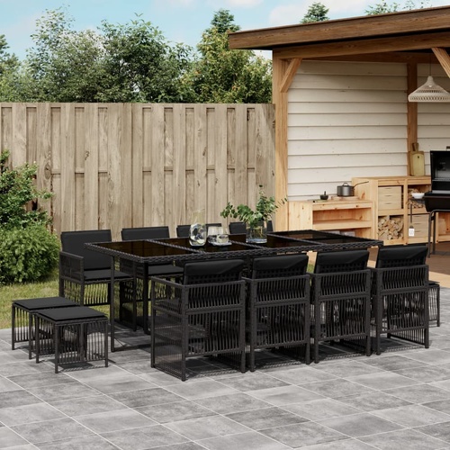 13 Piece Garden Dining Set with Cushions Black Poly Rattan