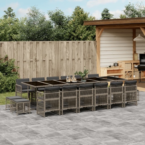 17 Piece Garden Dining Set with Cushions Grey Poly Rattan
