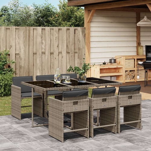 7 Piece Garden Dining Set with Cushions Grey Poly Rattan