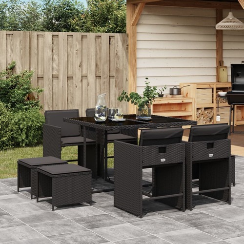 9 Piece Garden Dining Set with Cushions Black Poly Rattan