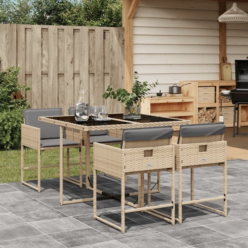 5 Piece Garden Dining Set with Cushions Mix Beige Poly Rattan