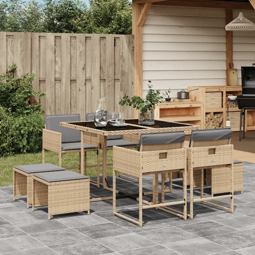 9 Piece Garden Dining Set with Cushions Mix Beige Poly Rattan