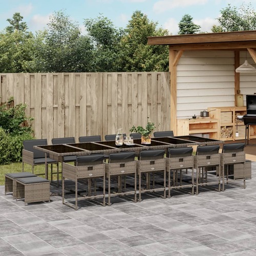 17 Piece Garden Dining Set with Cushions Grey Poly Rattan