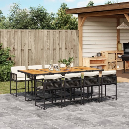 9 Piece Garden Dining Set with Cushions Black Poly Rattan
