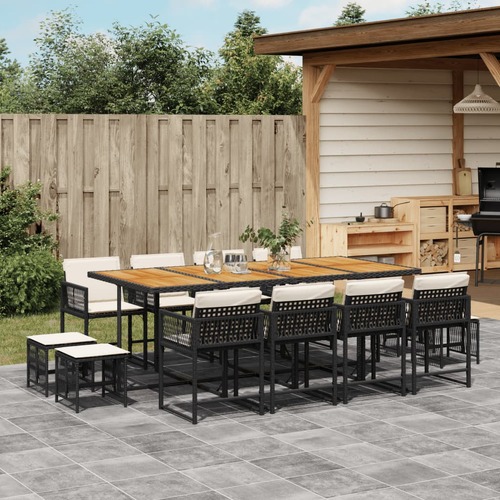 13 Piece Garden Dining Set with Cushions Black Poly Rattan