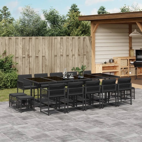 15 Piece Garden Dining Set with Cushions Black Poly Rattan