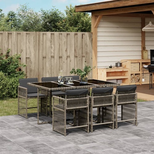 7 Piece Garden Dining Set with Cushions Grey Poly Rattan