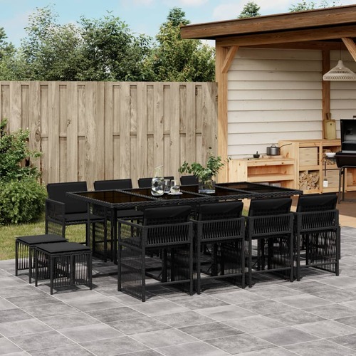 13 Piece Garden Dining Set with Cushions Black Poly Rattan