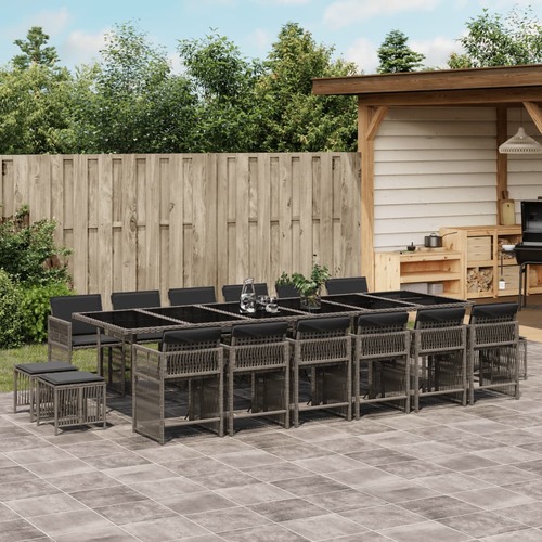 17 Piece Garden Dining Set with Cushions Grey Poly Rattan