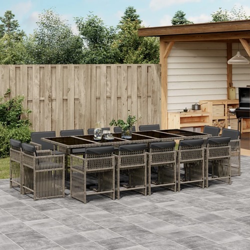 15 Piece Garden Dining Set with Cushions Grey Poly Rattan