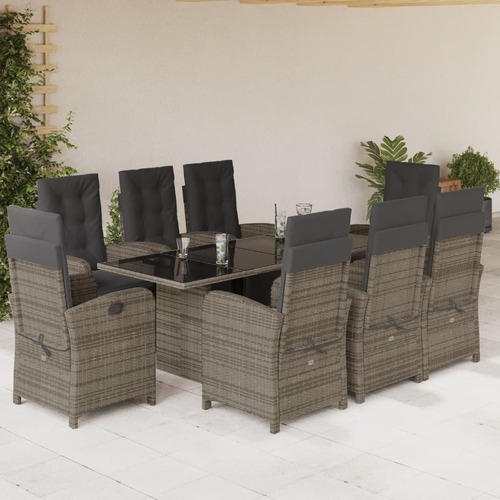 9 Piece Garden Dining Set with Cushions Grey Poly Rattan