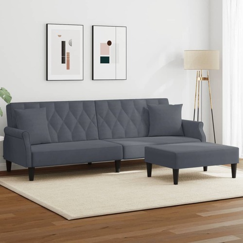 2-Seater Sofa Bed with Pillows and Footstool Dark Grey Velvet